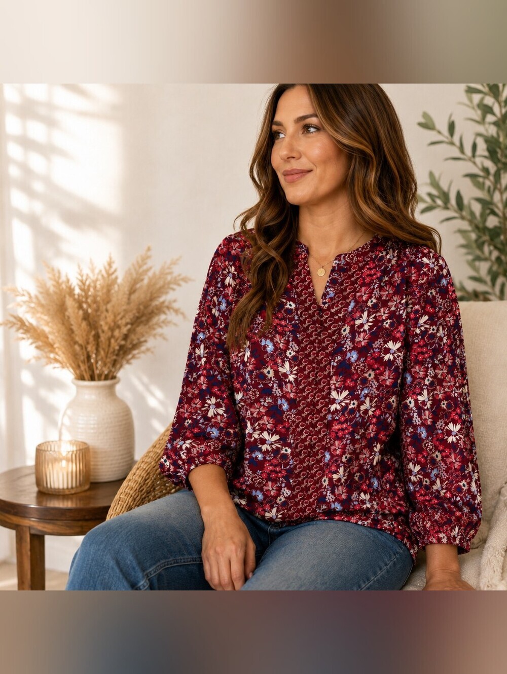 Jones New York Petite Large Floral Blouse NWT Burgundy Red Mix Interview Outfit